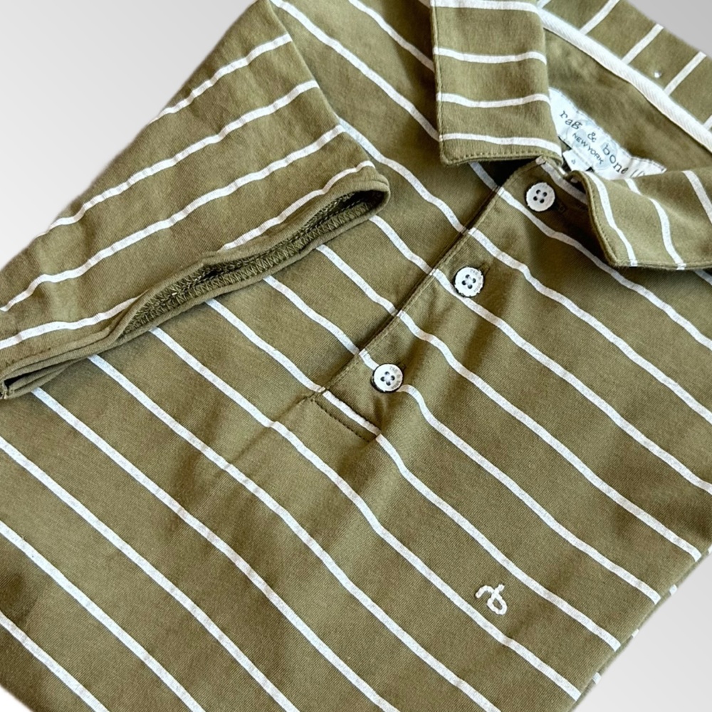 Rag & Bone‎ Polo Men’s Large Army Green & Cream Stripe Principal Jersey Polo